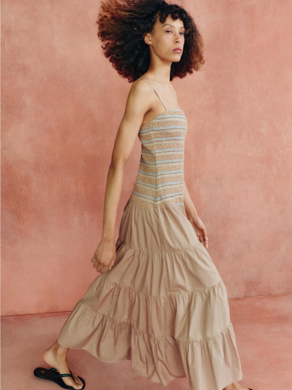 Zara Striped Smocked Bodice Tiered Maxi Dress in Beige